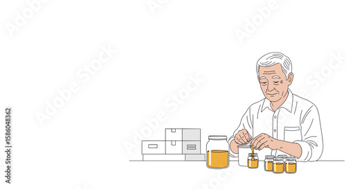 Elderly man sealing jars of honey at table indoors