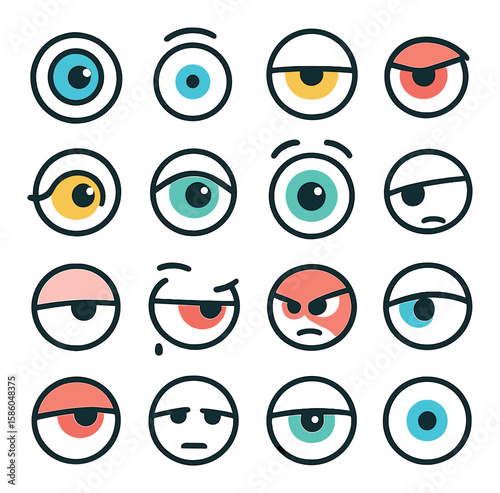 Eyeball Emotions modern flat style . curious eye, surprised eye, tired eye, angry glare, joyful wink, sad tear-eye, fearful wide-eye, skeptical eye, dreamy half-lid