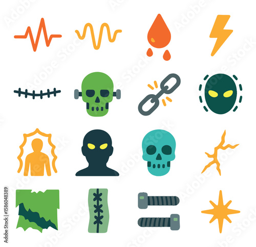 Frankenstein Symbols & Effects modern flat style . heartbeat line, brain waves, dripping blood, electrical shock, stitched pattern, skull + bolts, broken chains, glowing