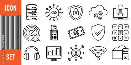 Minimalist Line Art Icon Set of Technology and Digital Services with 35G and Security Symbols
