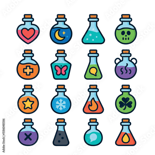 Witch Potions modern flat style . love potion, sleeping draught, invisibility serum, poison vial, healing brew, transformation elixir, truth serum, levitation fluid