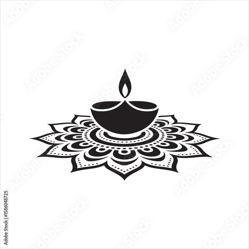 Diya Lamp on Rangoli Pattern - silhouette vector