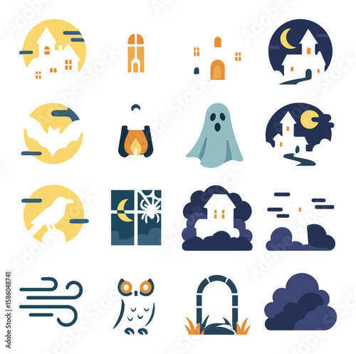 Haunted House Night Scenes modern flat style . moonlit silhouette, shadow window, glowing doorway, misty yard, flying bat, lantern glow, ghostly figure, eerie path, crow