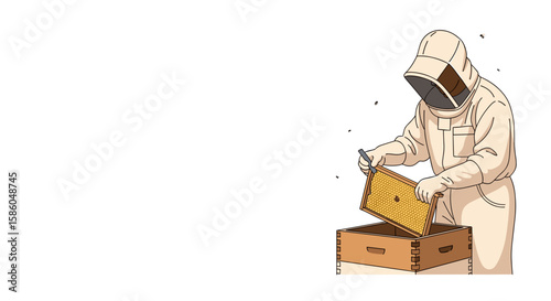 Beekeeper inspecting honeycomb frame from hive outdoors