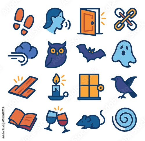 Haunted House Soundscape modern flat style . echoing footsteps, distant whisper, door creak, chain rattle, wind howl, owl hoot, bat flitter, ghostly moan, floorboard