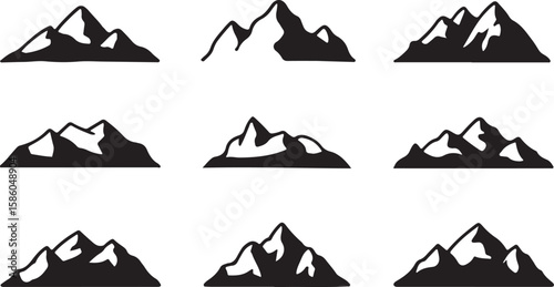 Black mountain peaks collection silhouette white