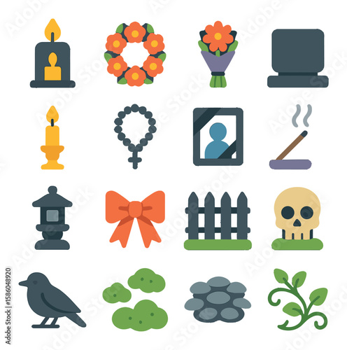 Tombstone Accessories modern flat style . grave candle, flower wreath, bouquet, nameplate, candle holder, rosary beads, photo frame, incense stick, stone lantern, ribbon