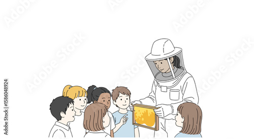  Beekeeper showing honeycomb to curious children indoors