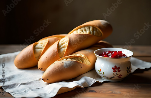 warm golden light illuminates rustic linen cloth draped across wooden table cradling trio freshly baked baguettes alongside