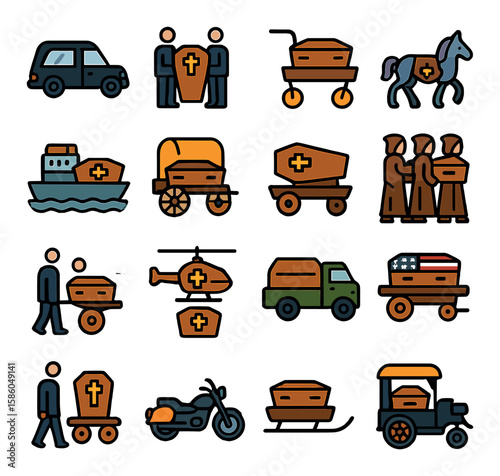 Coffin Transport modern flat style . coffin in hearse, pallbearers with coffin, coffin on trolley, horse-drawn coffin, coffin on barge, coffin in wagon, coffin with