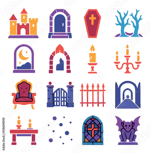 Vampire Settings modern flat style . ancient castle, crypt doorway, coffin lid, eerie forest, moonlit window, stone arch, gothic candle, spooky chandelier, velvet chair