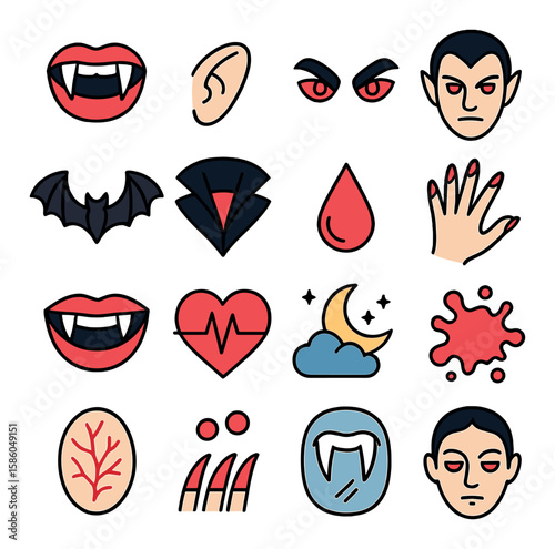 Vampire Fangs & Features modern flat style . vampire fangs, pointed ears, red eyes, widow’s peak hair, pale lips, bat wings, cloak collar, droplet of blood, sharp nails