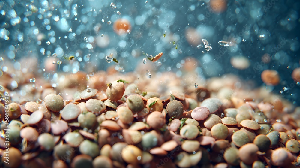 Fototapeta premium A closeup shot of lentil grains submerged in clear water, enhanced by specks of herbs promoting a zero waste lifestyle.