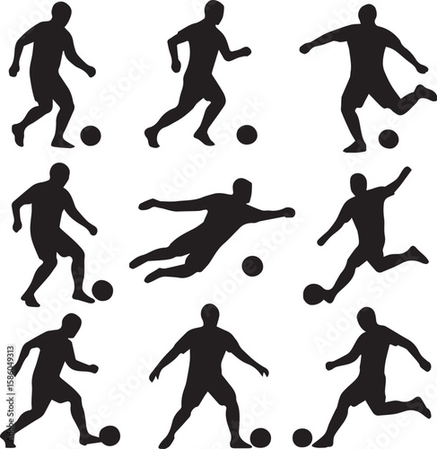 A vector graphic showing nine black silhouette figures playing soccer with a white background color