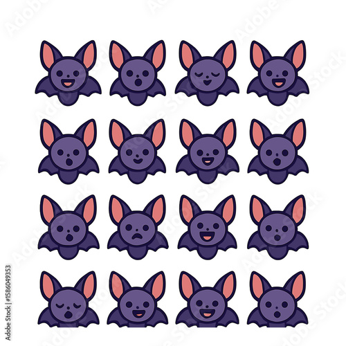 Bat Emotions & Expressions modern flat style . happy bat, surprised bat, sleepy bat, playful bat, scared bat, curious bat, mischievous bat, singing bat, yawning bat