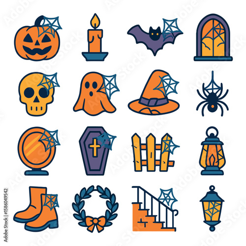 Spiderweb Halloween modern flat style . pumpkin with web, candle and web, bat with cobweb, haunted window, webbed skull, ghost caught in web, webbed hat, hanging spider