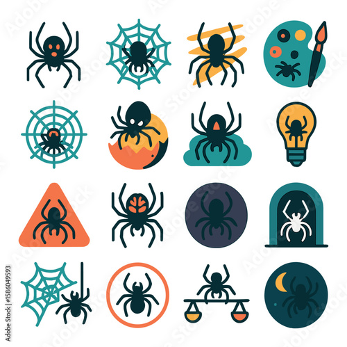 Spider Symbolism modern flat style . fear, patience, stealth, creativity, entrapment, rebirth, strategy, danger, intelligence, darkness, solitude, mystery, myth, weaving