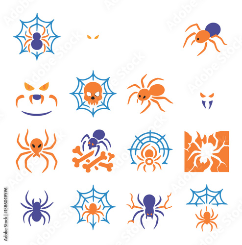 Scary Spider Themes modern flat style . haunted web, glowing eyes, creepy silhouette, shadow crawl, venomous glare, dangling horror, webbed skull, crawling leg, sharp