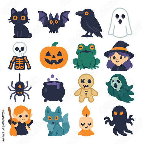 Halloween Ride Companions modern flat style . black cat, bat, raven, ghost, skeleton, pumpkin head, talking toad, witchling, flying spider, mini cauldron, cursed doll