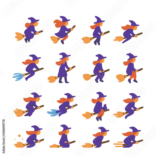 Broomstick Flying Poses modern flat style . takeoff, midair spin, upward tilt, downward dive, zigzag motion, standing ride, sitting ride, one-hand hold, carrying potion