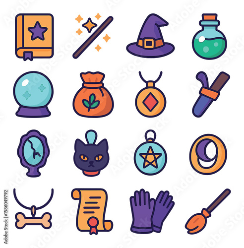 Witch Equipment modern flat style . spell book, magic wand, pointed hat, potion bottle, crystal ball, herb pouch, talisman, wand holster, cursed mirror, black cat charm