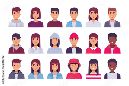 Diversity of portraits: A collection of diverse faces representing various individuals, each with unique features, expressions and style in a studio background.