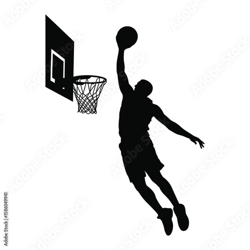 Silhouette of basketball player slam dunking in black and white vector isolated sports design