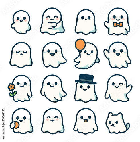 Cute Ghost Variants modern flat style . baby ghost, hugging ghost, tiny ghost, ghost with bowtie, sleepy ghost, smiling ghost, ghost with balloon, waving ghost, ghost