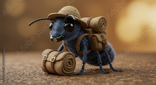 Adventurous ant explorer ready for expedition with backpack and hat