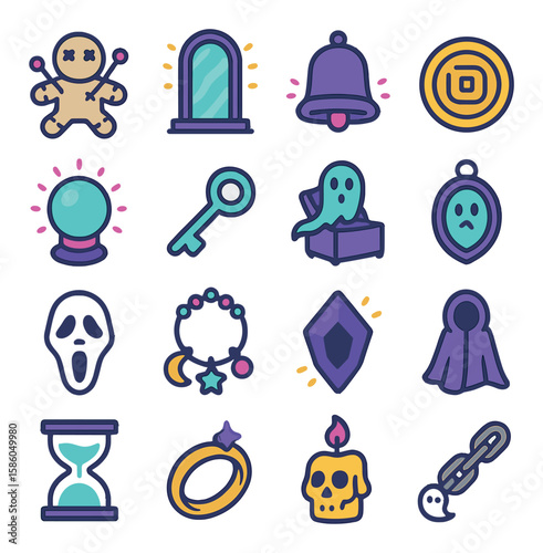 Supernatural Objects modern flat style . cursed doll, mirror portal, phantom bell, ancient coin, glowing orb, invisible key, haunted music box, spectral locket, ghost