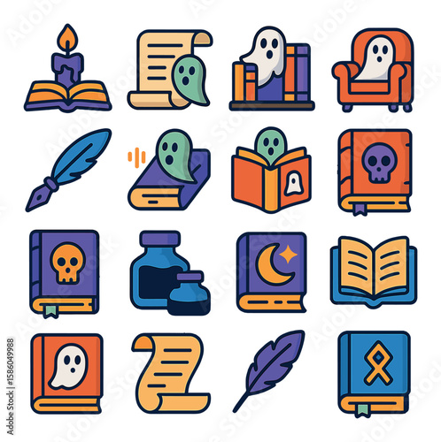 Ghost Stories modern flat style . candle-lit book, spooky tale scroll, haunted library, storyteller chair, floating pen, whispering book, ghost bookmark, ancient tome