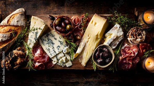 An exquisite overhead view of a platter featuring artisan French cheese and cured meats on a rustic wood board, illuminated by soft candlelight.