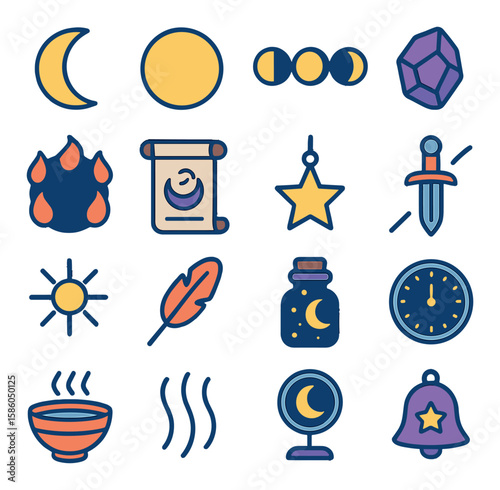 Moon Rituals modern flat style . crescent moon, full moon, moon phases, sacred stone, fire circle, chanting scroll, star pendant, ritual blade, sun charm, feather wand