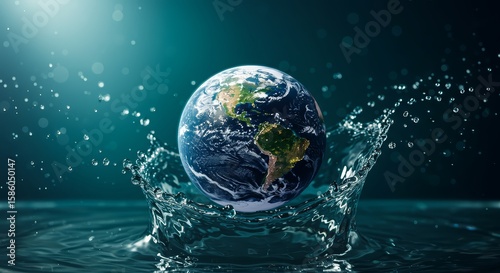 Earth emerges from a dramatic water splash with glowing lights