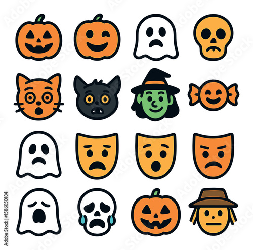 Halloween Faces & Expressions modern flat style . smiling jack-o’-lantern, winking pumpkin face, frowning ghost, grinning skull, shocked cat face, scared bat face