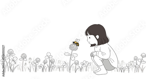  Young girl observing bee on flower in meadow outdoors