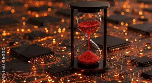 Hourglass with red sand on a circuit board with orange lights