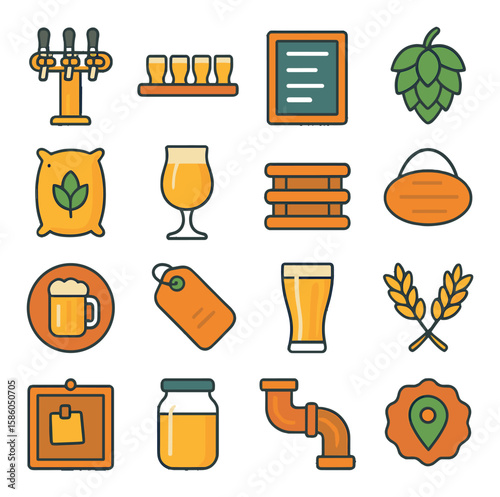 Beer Column & Craft Bar Identity modern flat style . beer column, tap flight, chalkboard menu, hop cone, malt sack, tasting glass, wood shelf, artisan sign, logo stamp