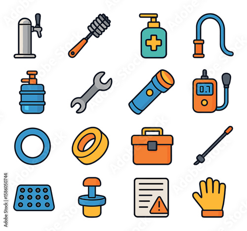 Beer Column & Maintenance Tools modern flat style . beer column, cleaning brush, sanitizer bottle, rinse tube, keg cleaner, wrench, inspection flashlight, CO2 tester