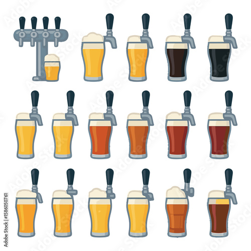 Beer Column & Types of Draft Beer modern flat style . beer column, lager tap, IPA tap, stout tap, wheat beer tap, pilsner tap, amber ale tap, blonde ale tap, porter tap