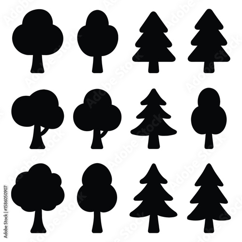 Black tree silhouettes deciduous evergreen