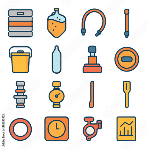 Beer Keg & Home Brewing modern flat style . beer keg, fermenter, transfer hose, bottling wand, brew bucket, CO2 cartridge, carbonation cap, keg lid, keg post, pressure