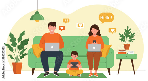 Family addicted to digital devices sitting together but disconnected, flat vector illustration