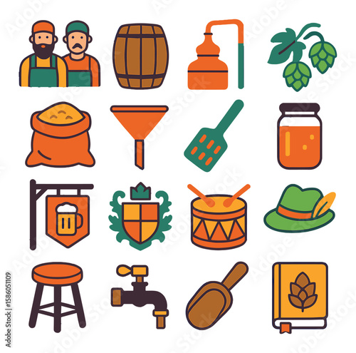 Brewers & Traditions & Heritage modern flat style . brewers, Wooden barrel, Copper still, Hop vine, Grain sack, Vintage funnel, Rustic paddle, Mason jar, Alehouse sign