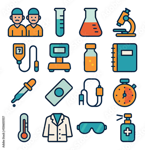 Brewers & Lab & Quality Control modern flat style . brewers, Test tube, Beaker, Microscope, PH meter, Scale, Sample vial, Notebook, Pipette, Glass slide, Sensor probe