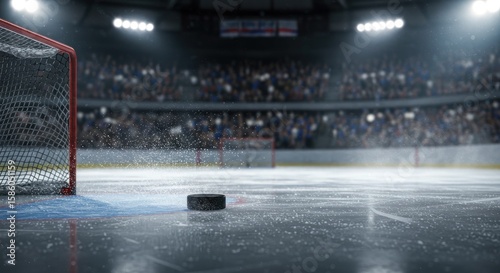 Hockey Puck on Ice Rink Near Goal, Stadium Lights, Crowd