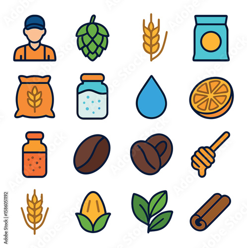 Brewers & Ingredients modern flat style . brewers, Hops cone, Barley stalk, Yeast packet, Malt bag, Sugar jar, Water droplet, Fruit wedge, Spice jar, Coffee bean, Cocoa