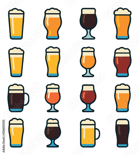 Beer Styles modern flat style . Lager, Ale, Stout, IPA, Pilsner, Wheat beer, Saison, Amber ale, Porter, Sour beer, Barleywine, Pale ale, Hazy IPA, Bock, Blonde ale