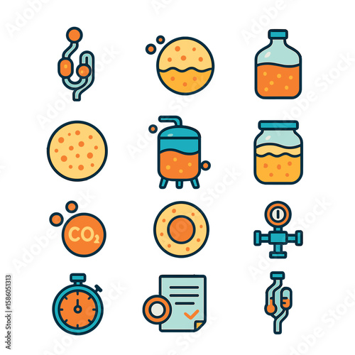 Fermentation Process modern flat style . Bubbler, Airlock, Foam surface, Carboy, Yeast foam, Fermenting tank, Foam ring, Fermenting jar, CO2 bubble, Glass lid