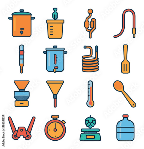 Home Brewing Equipment modern flat style . Brewing kettle, Fermentation bucket, Airlock, Siphon tube, Hydrometer, Mash tun, Wort chiller, Stirring paddle, Grain mill